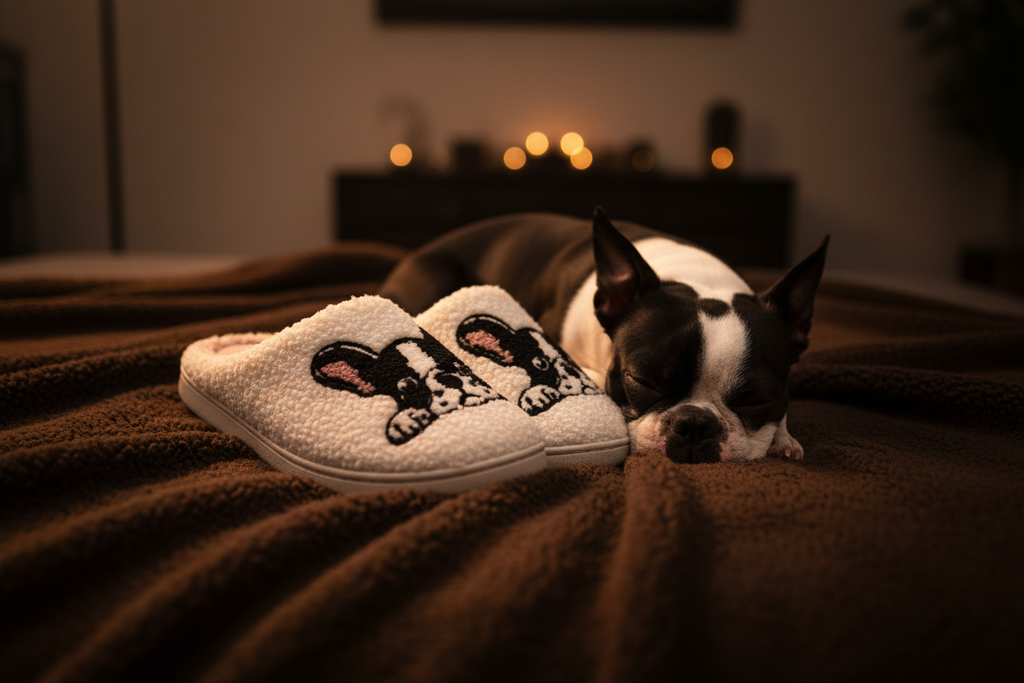 Boston Terrier s papučemi na dece