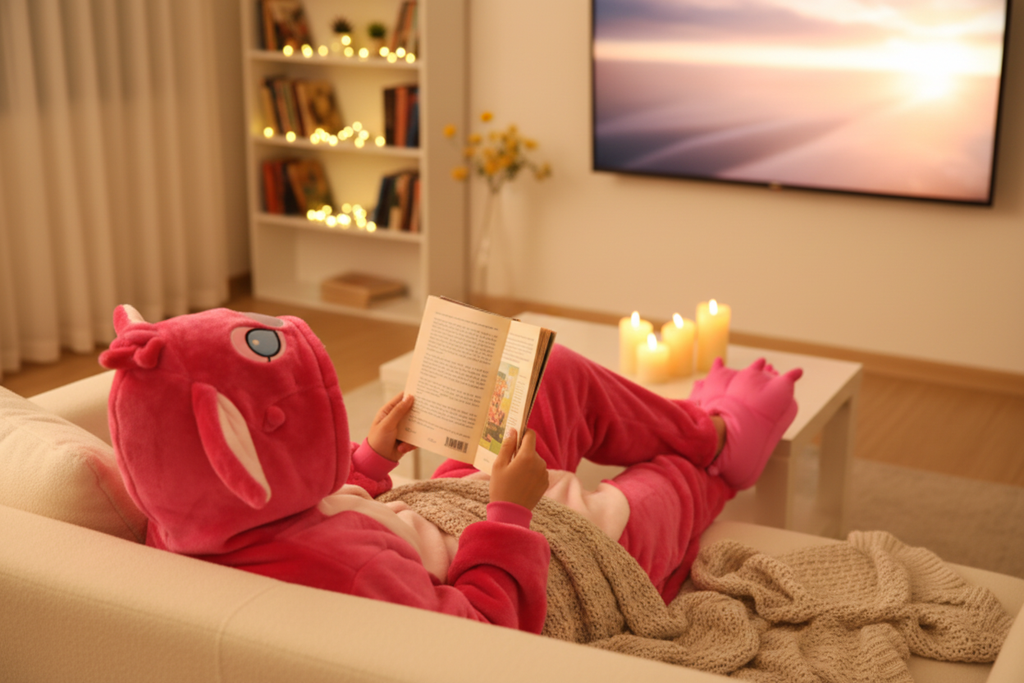 Cute pinky teethy overal – lifestyle ležení na gauči