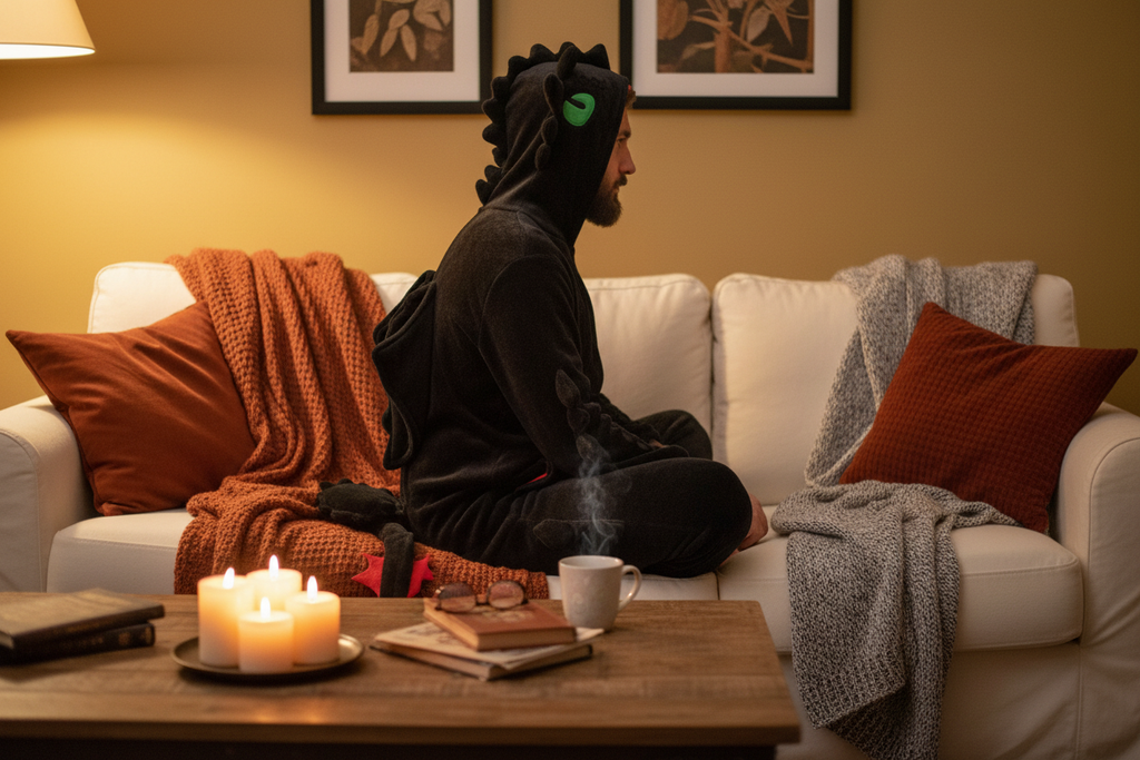 Teethless overal pajama – lifestyle na gauči