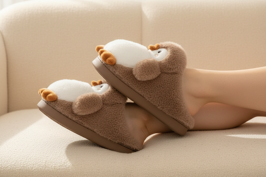 Sweet fluffy penguin brown slippers lifestyle photo