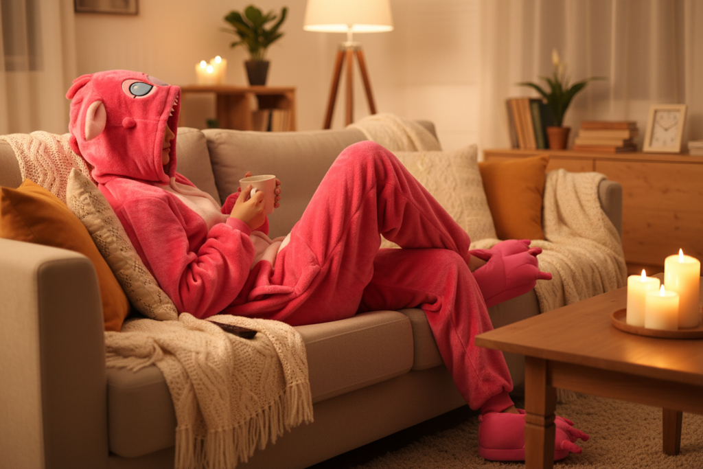 Cute pinky teethy overal – lifestyle na gauči