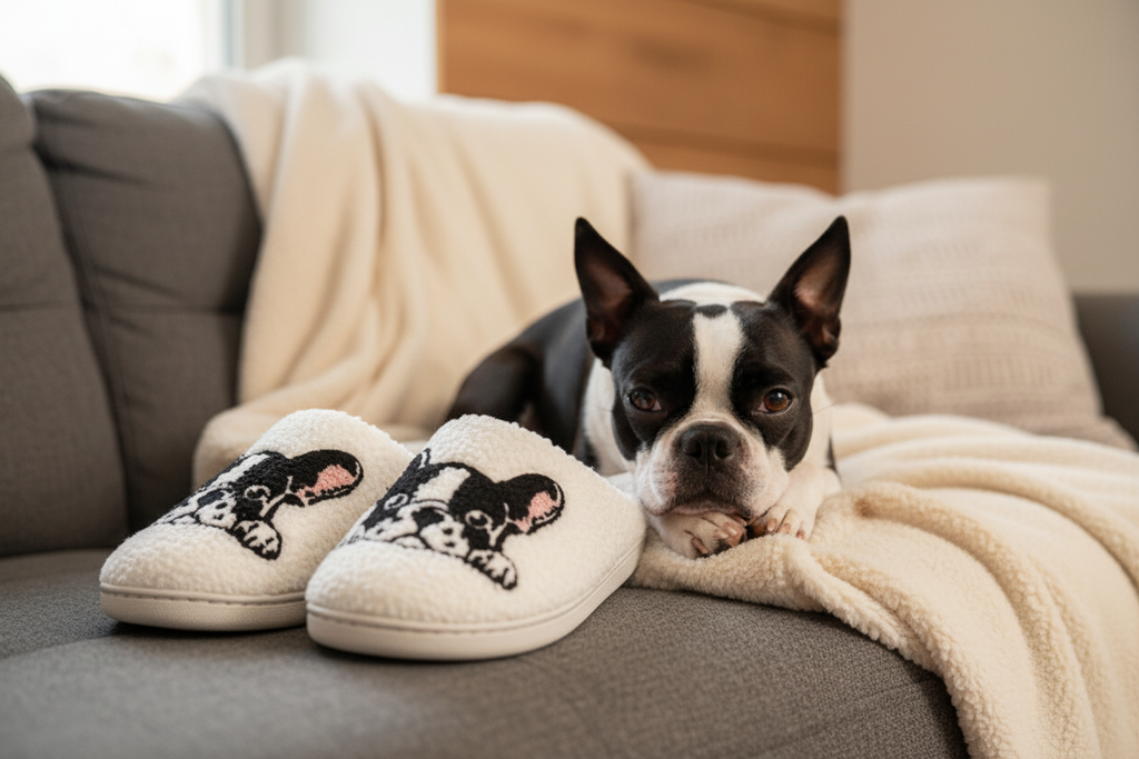 Boston Terrier s papučemi na gauči