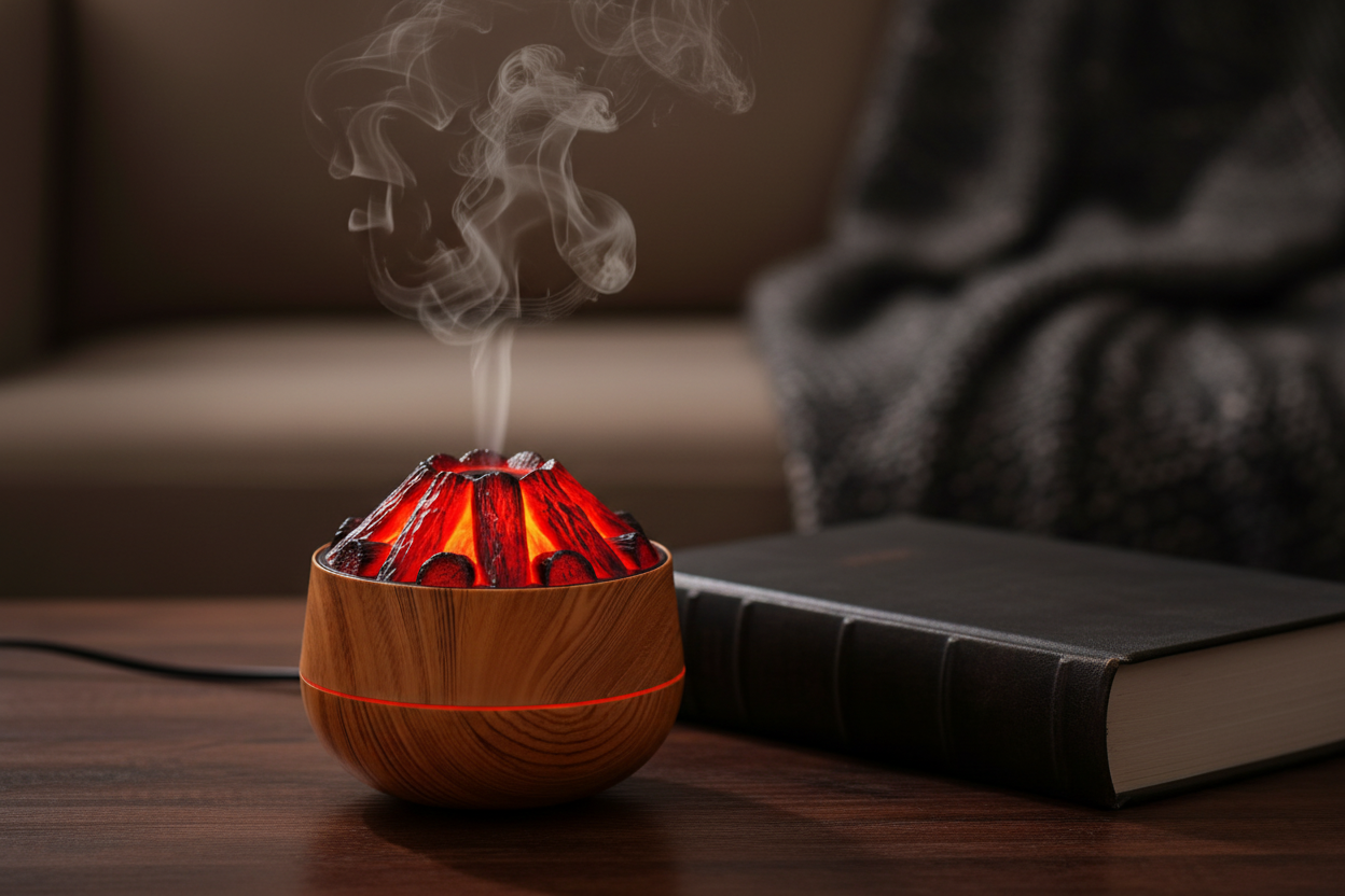 Malý vulkánový aroma difuzér na stole vedle knihy