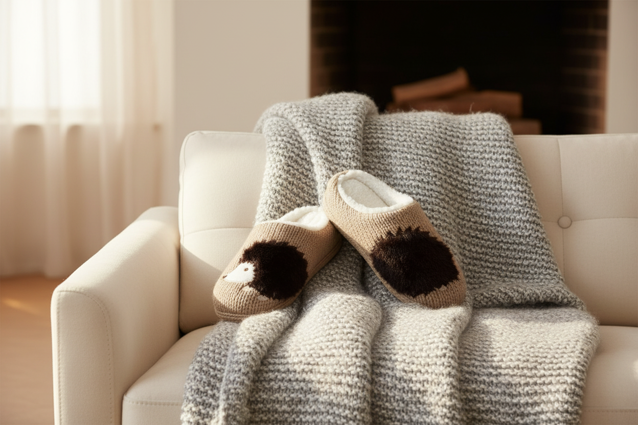 Lifestyle – hedgehog slippers on sofa with cozy blanket