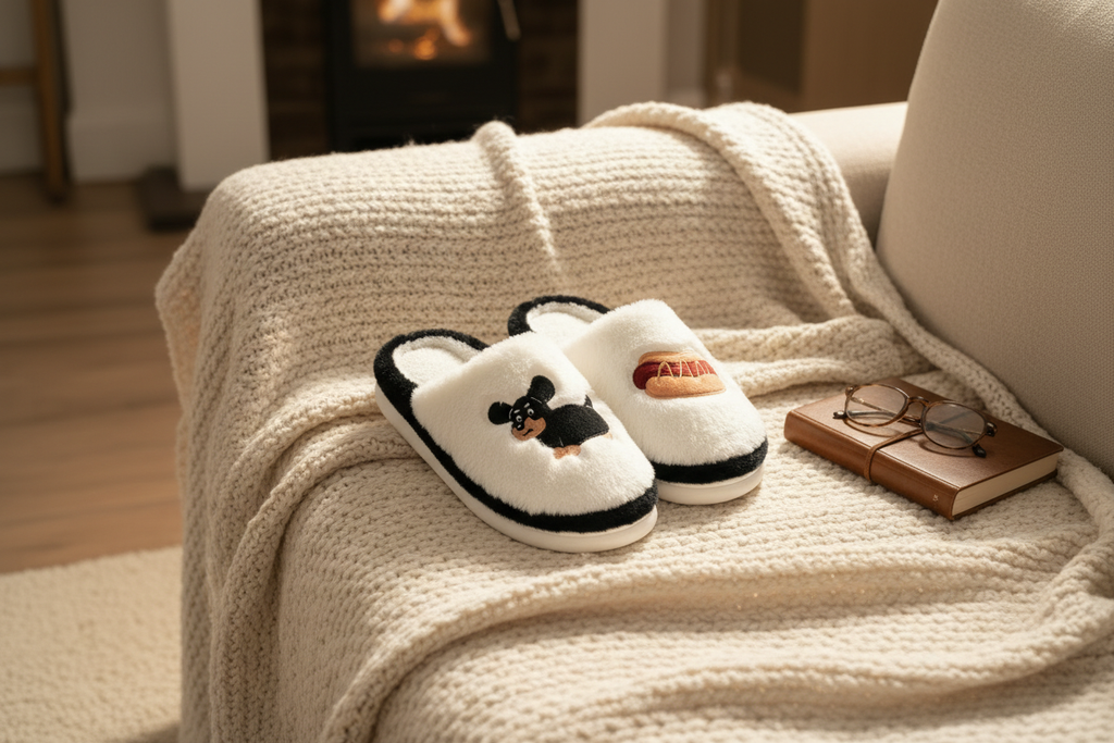 Lifestyle hotdog slippers on couch