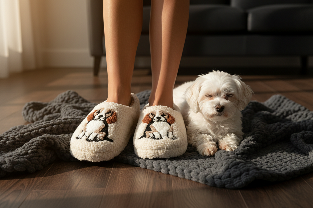 Lifestyle foto papučí Beagles s pejskem na dece